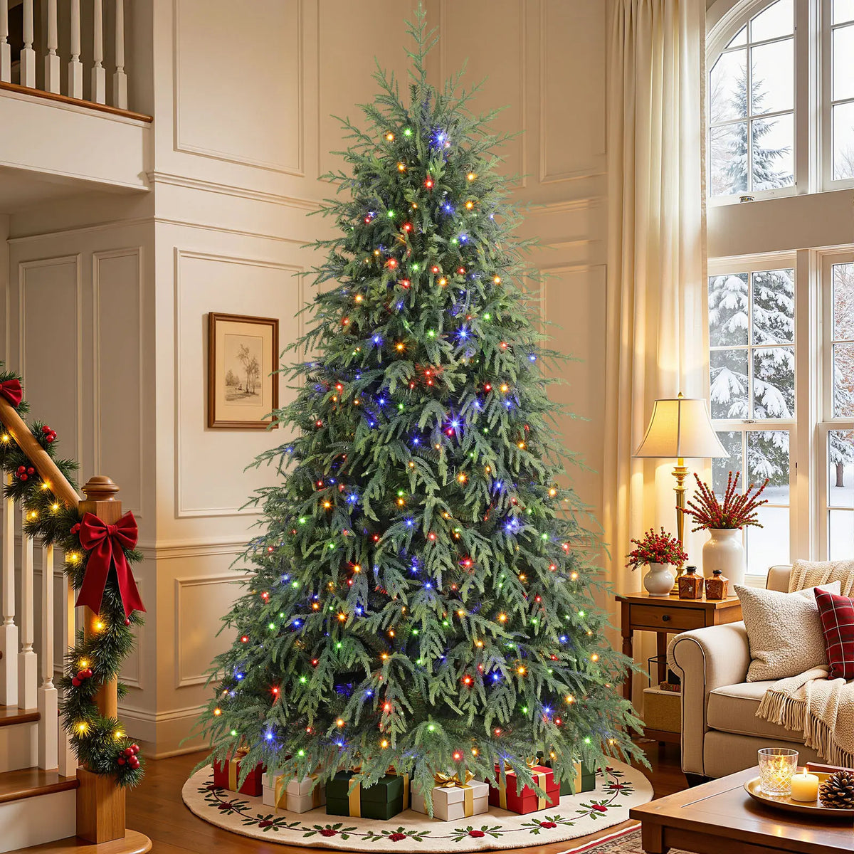 Pre-Lit Norfolk Pine Christmas Tree with LED Lights – Realistic Artificial Xmas Tree with Remote Control & Color Changing Lights