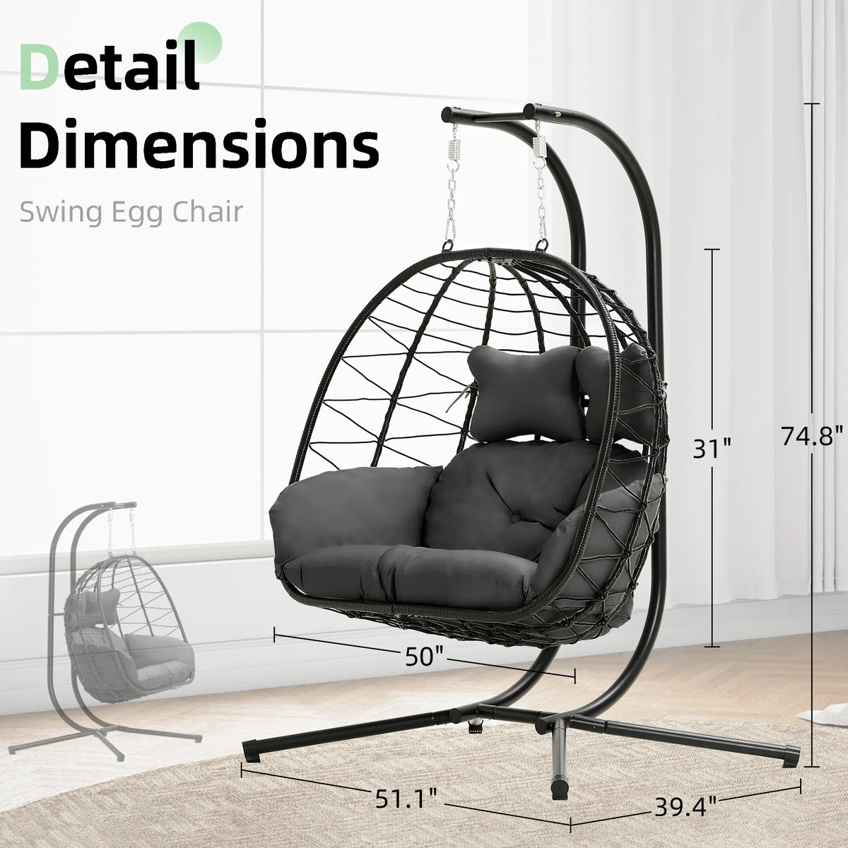 Luxury Double Hanging Egg Chair for Two | Outdoor Wicker Swing Chair with Thick Cushion | 700lbs Capacity Patio Lounge