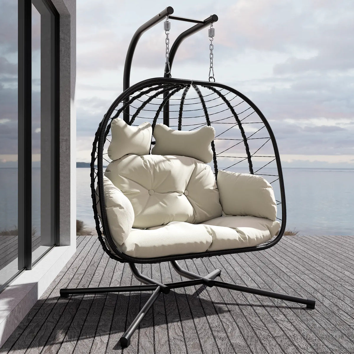 Luxury Double Hanging Egg Chair for Two | Outdoor Wicker Swing Chair with Thick Cushion | 700lbs Capacity Patio Lounge
