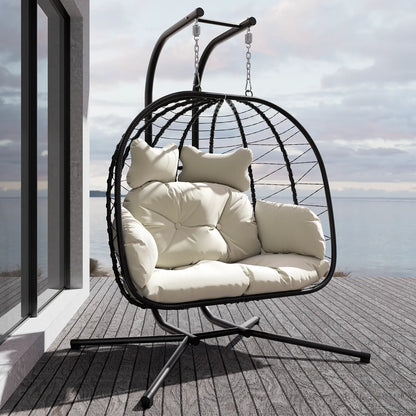 Luxury Double Hanging Egg Chair for Two | Outdoor Wicker Swing Chair with Thick Cushion | 700lbs Capacity Patio Lounge