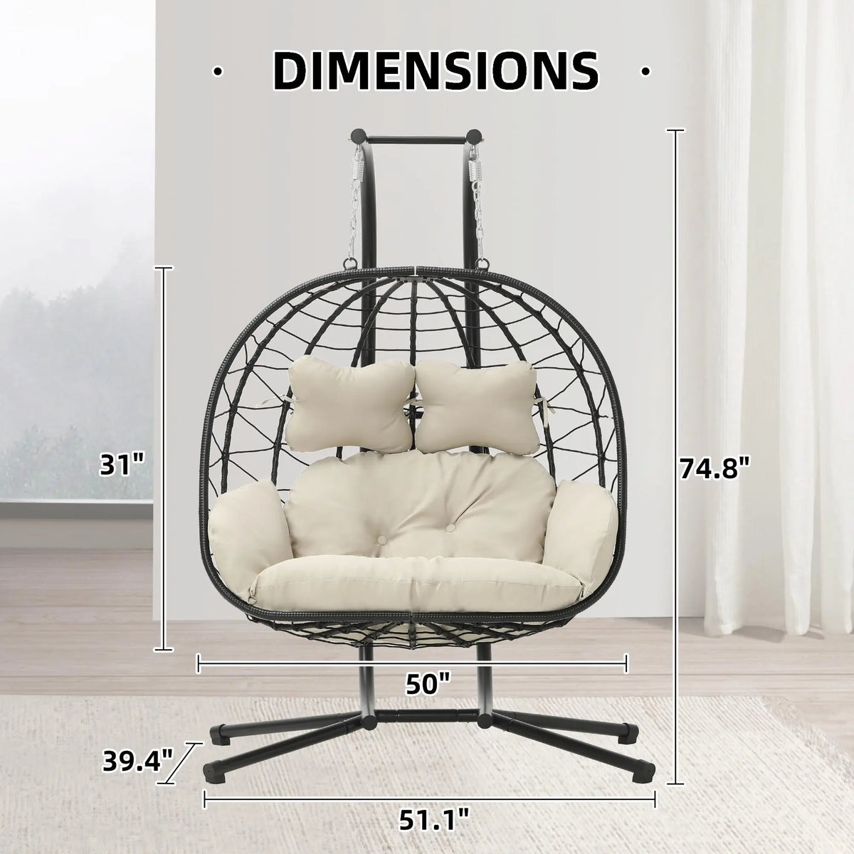 Luxury Double Hanging Egg Chair for Two | Outdoor Wicker Swing Chair with Thick Cushion | 700lbs Capacity Patio Lounge