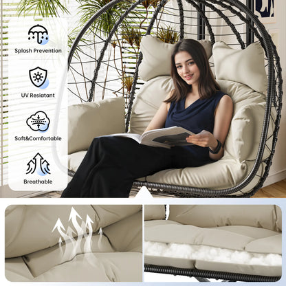 Luxury Double Hanging Egg Chair for Two | Outdoor Wicker Swing Chair with Thick Cushion | 700lbs Capacity Patio Lounge