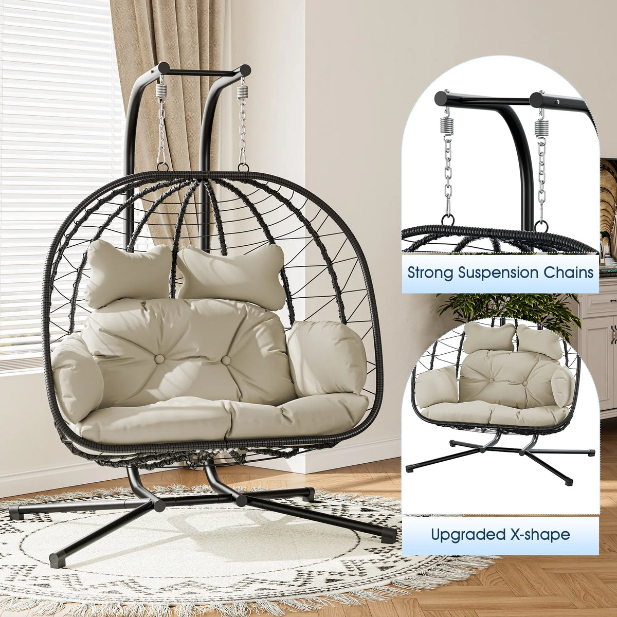 Luxury Double Hanging Egg Chair for Two | Outdoor Wicker Swing Chair with Thick Cushion | 700lbs Capacity Patio Lounge