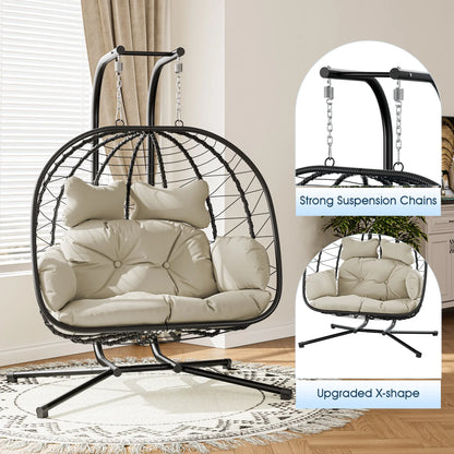 Luxury Double Hanging Egg Chair for Two | Outdoor Wicker Swing Chair with Thick Cushion | 700lbs Capacity Patio Lounge