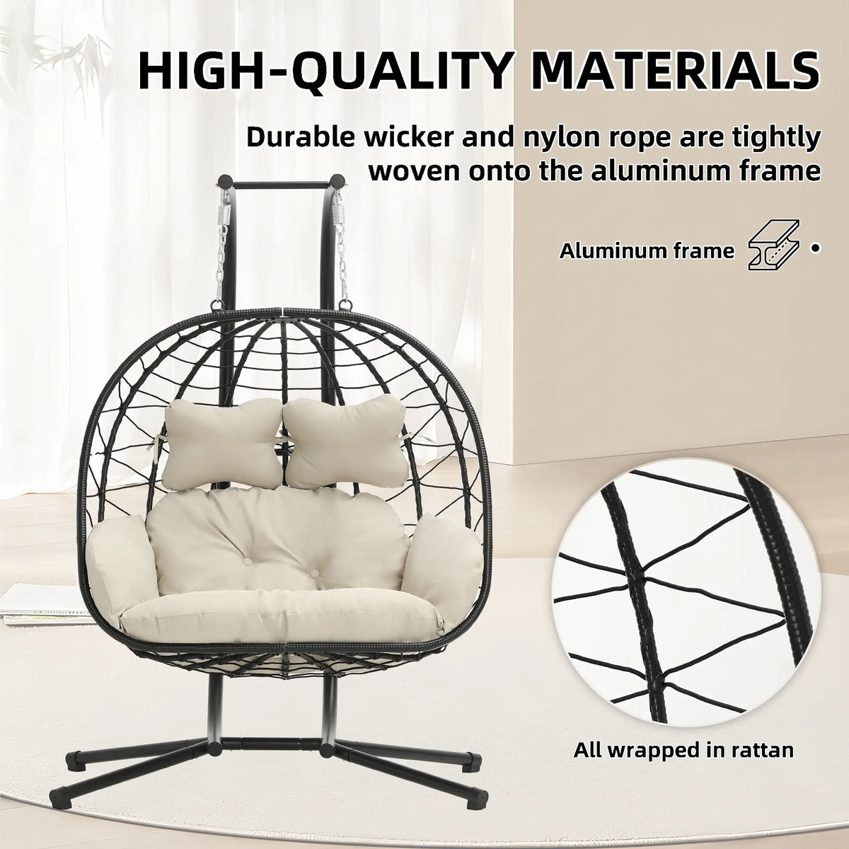 Luxury Double Hanging Egg Chair for Two | Outdoor Wicker Swing Chair with Thick Cushion | 700lbs Capacity Patio Lounge