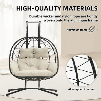 Luxury Double Hanging Egg Chair for Two | Outdoor Wicker Swing Chair with Thick Cushion | 700lbs Capacity Patio Lounge