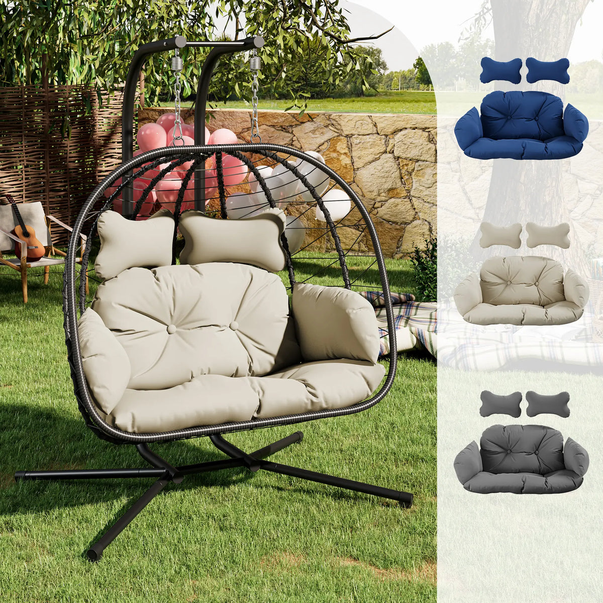 Luxury Double Hanging Egg Chair for Two | Outdoor Wicker Swing Chair with Thick Cushion | 700lbs Capacity Patio Lounge