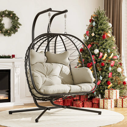 Luxury Double Hanging Egg Chair for Two | Outdoor Wicker Swing Chair with Thick Cushion | 700lbs Capacity Patio Lounge