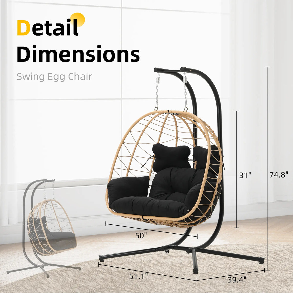 Luxury Double Hanging Egg Chair for Two | Outdoor Wicker Swing Chair with Thick Cushion | 700lbs Capacity Patio Lounge