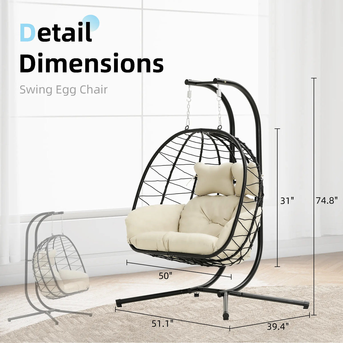 Luxury Double Hanging Egg Chair for Two | Outdoor Wicker Swing Chair with Thick Cushion | 700lbs Capacity Patio Lounge
