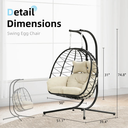 Luxury Double Hanging Egg Chair for Two | Outdoor Wicker Swing Chair with Thick Cushion | 700lbs Capacity Patio Lounge
