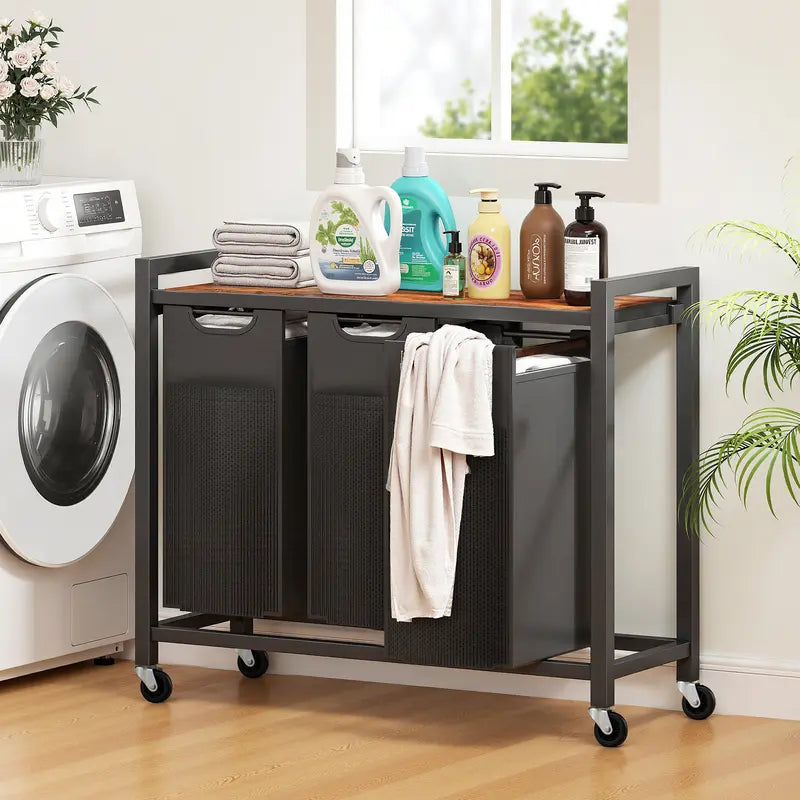 Double-Compartment Rolling Laundry Hamper – Removable Bags & Storage Shelf