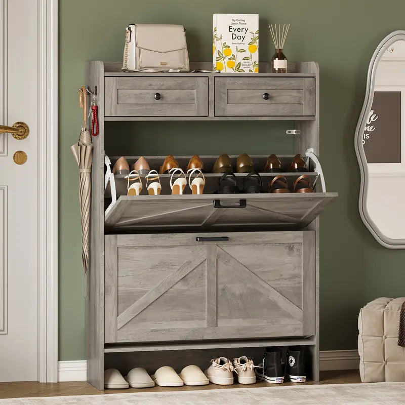 Farmhouse Narrow Shoe Storage Cabinet – Flip-Drawer Entryway Organizer with Adjustable Shelves