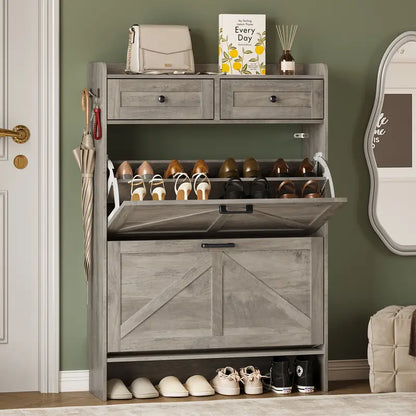 Farmhouse Narrow Shoe Storage Cabinet – Flip-Drawer Entryway Organizer with Adjustable Shelves