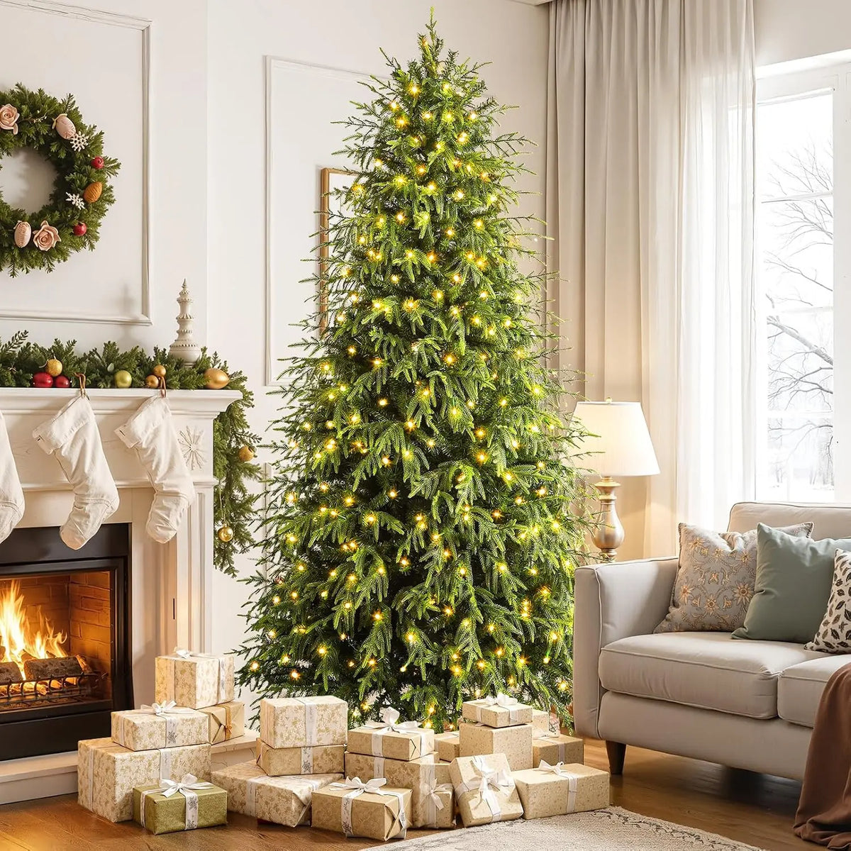 Pre-Lit Norfolk Pine Christmas Tree with LED Lights – Realistic Artificial Xmas Tree with Remote Control & Color Changing Lights