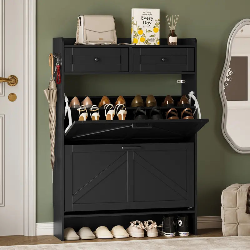 Farmhouse Narrow Shoe Storage Cabinet – Flip-Drawer Entryway Organizer with Adjustable Shelves