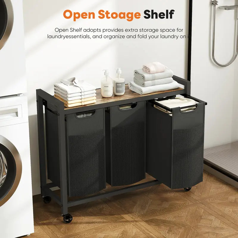 Double-Compartment Rolling Laundry Hamper – Removable Bags & Storage Shelf