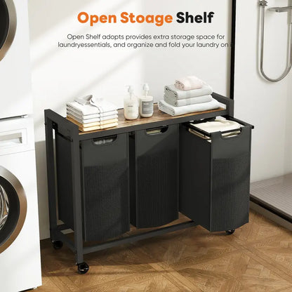 Double-Compartment Rolling Laundry Hamper – Removable Bags & Storage Shelf