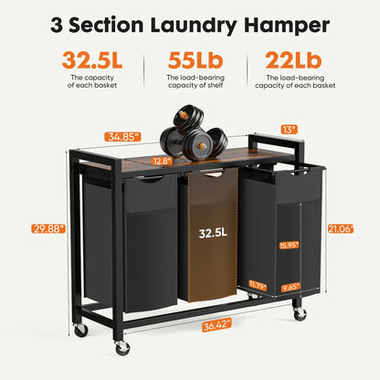 Double-Compartment Rolling Laundry Hamper – Removable Bags & Storage Shelf