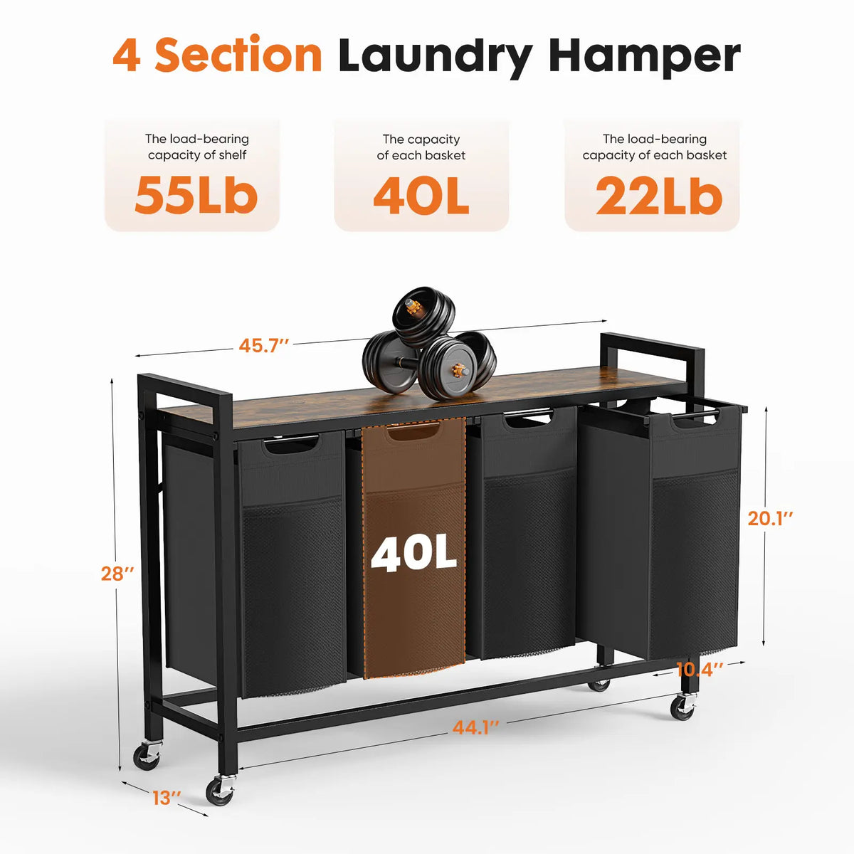 Double-Compartment Rolling Laundry Hamper – Removable Bags & Storage Shelf