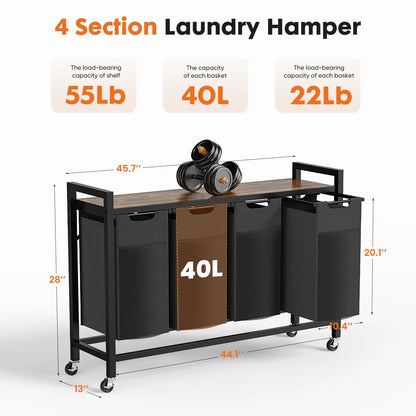 Double-Compartment Rolling Laundry Hamper – Removable Bags & Storage Shelf