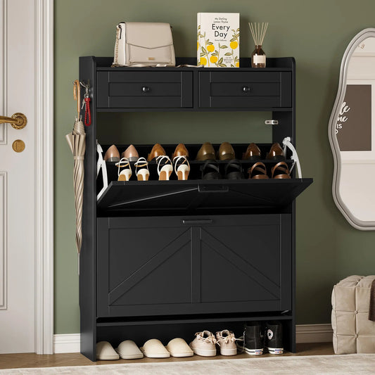 Farmhouse Narrow Shoe Storage Cabinet – Flip-Drawer Entryway Organizer with Adjustable Shelves