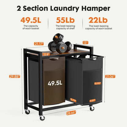 Double-Compartment Rolling Laundry Hamper – Removable Bags & Storage Shelf