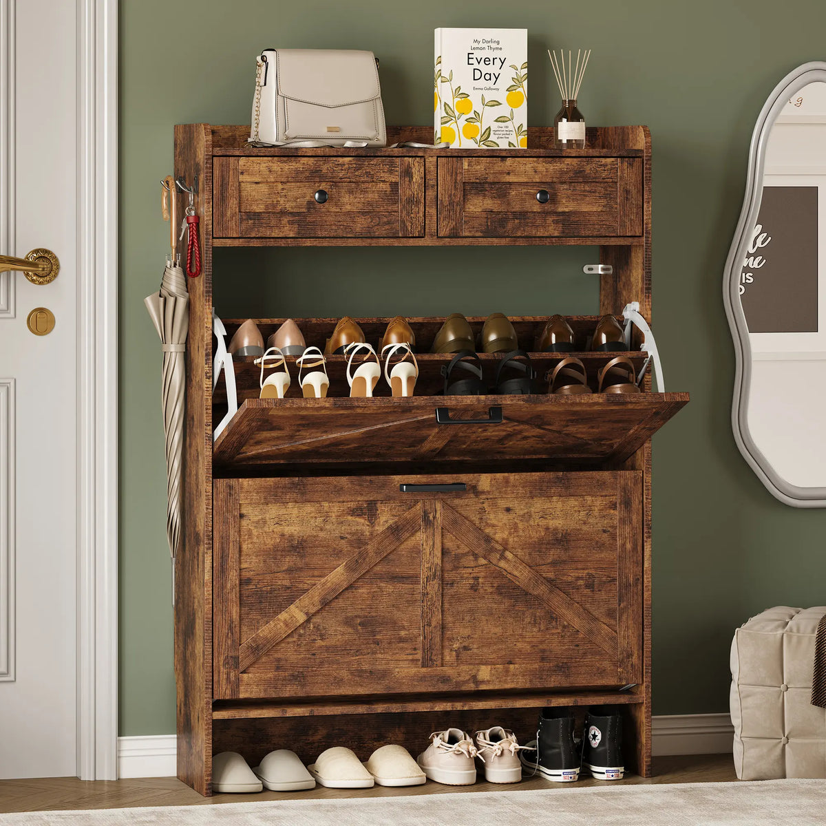 Farmhouse Narrow Shoe Storage Cabinet – Flip-Drawer Entryway Organizer with Adjustable Shelves