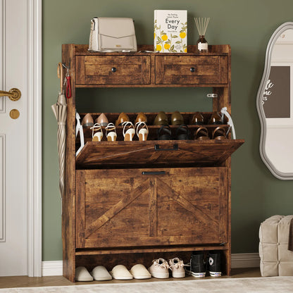 Farmhouse Narrow Shoe Storage Cabinet – Flip-Drawer Entryway Organizer with Adjustable Shelves