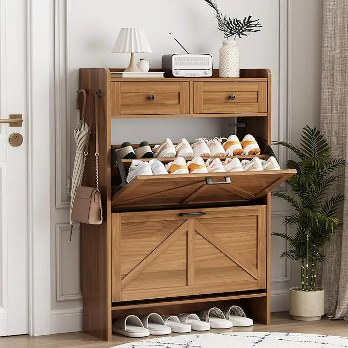 Farmhouse Narrow Shoe Storage Cabinet – Flip-Drawer Entryway Organizer with Adjustable Shelves