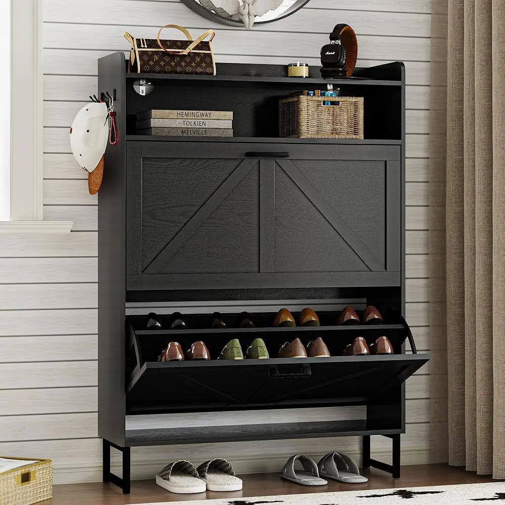 Farmhouse Narrow Shoe Storage Cabinet – Flip-Drawer Entryway Organizer with Adjustable Shelves