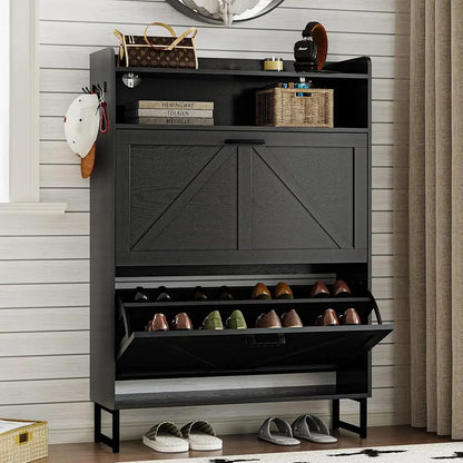 Farmhouse Narrow Shoe Storage Cabinet – Flip-Drawer Entryway Organizer with Adjustable Shelves