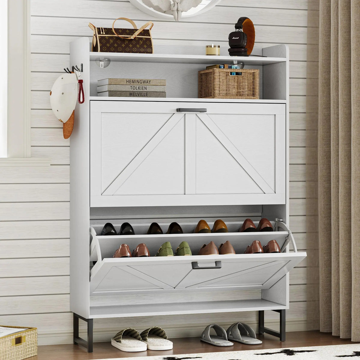 Farmhouse Narrow Shoe Storage Cabinet – Flip-Drawer Entryway Organizer with Adjustable Shelves
