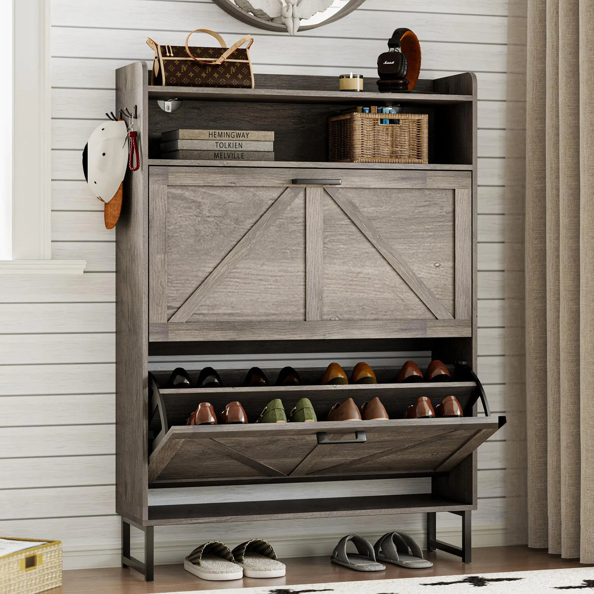 Farmhouse Narrow Shoe Storage Cabinet – Flip-Drawer Entryway Organizer with Adjustable Shelves