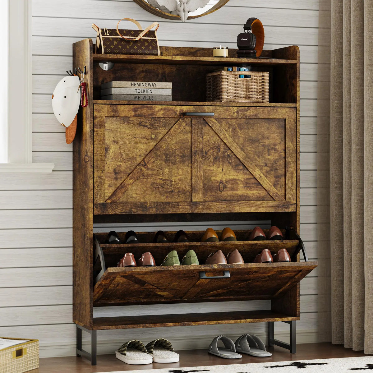 Farmhouse Narrow Shoe Storage Cabinet – Flip-Drawer Entryway Organizer with Adjustable Shelves