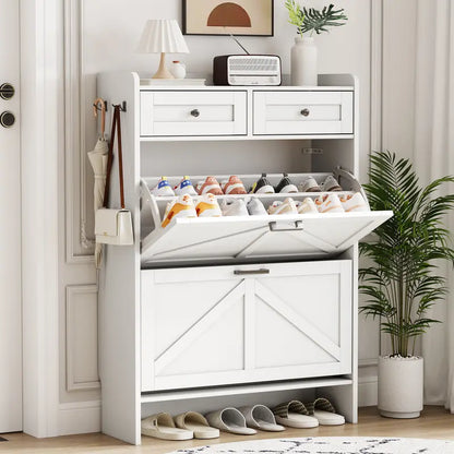 Farmhouse Narrow Shoe Storage Cabinet – Flip-Drawer Entryway Organizer with Adjustable Shelves