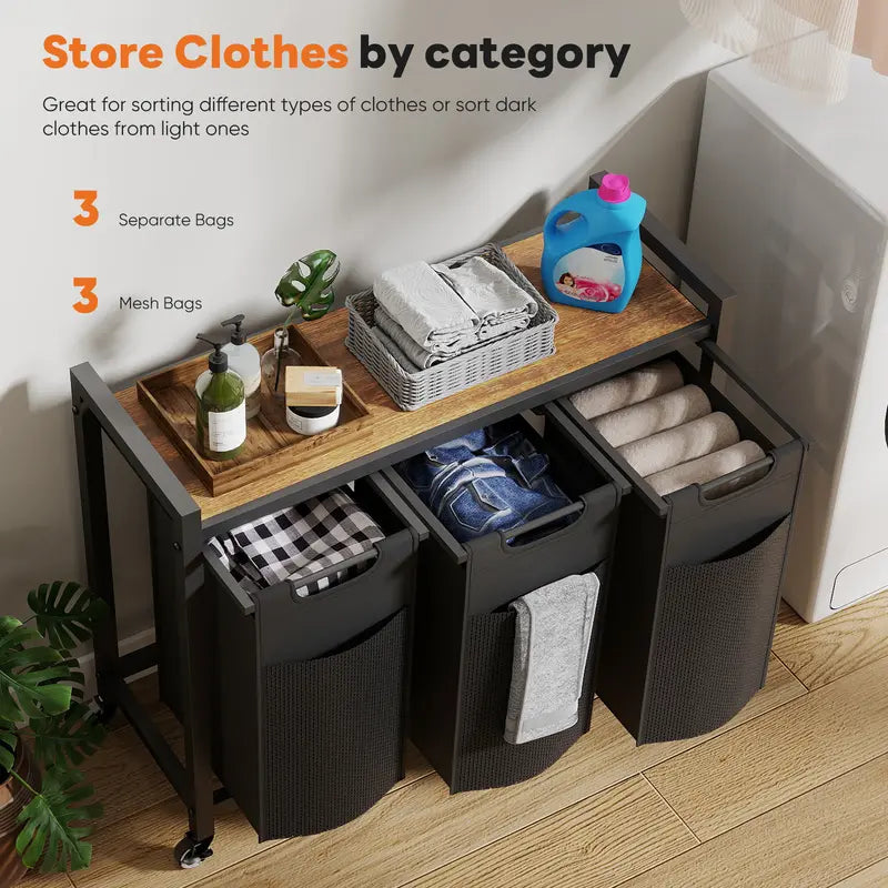 Double-Compartment Rolling Laundry Hamper – Removable Bags & Storage Shelf