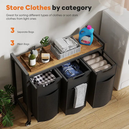 Double-Compartment Rolling Laundry Hamper – Removable Bags & Storage Shelf