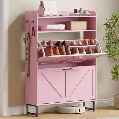 Farmhouse Narrow Shoe Storage Cabinet – Flip-Drawer Entryway Organizer with Adjustable Shelves