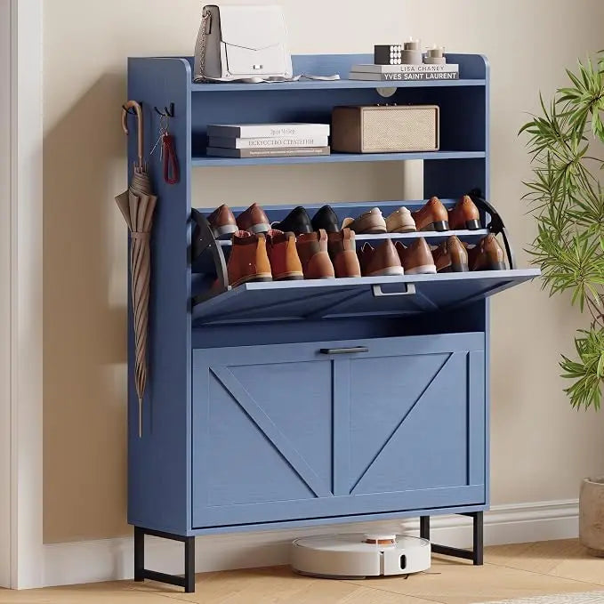 Farmhouse Narrow Shoe Storage Cabinet – Flip-Drawer Entryway Organizer with Adjustable Shelves