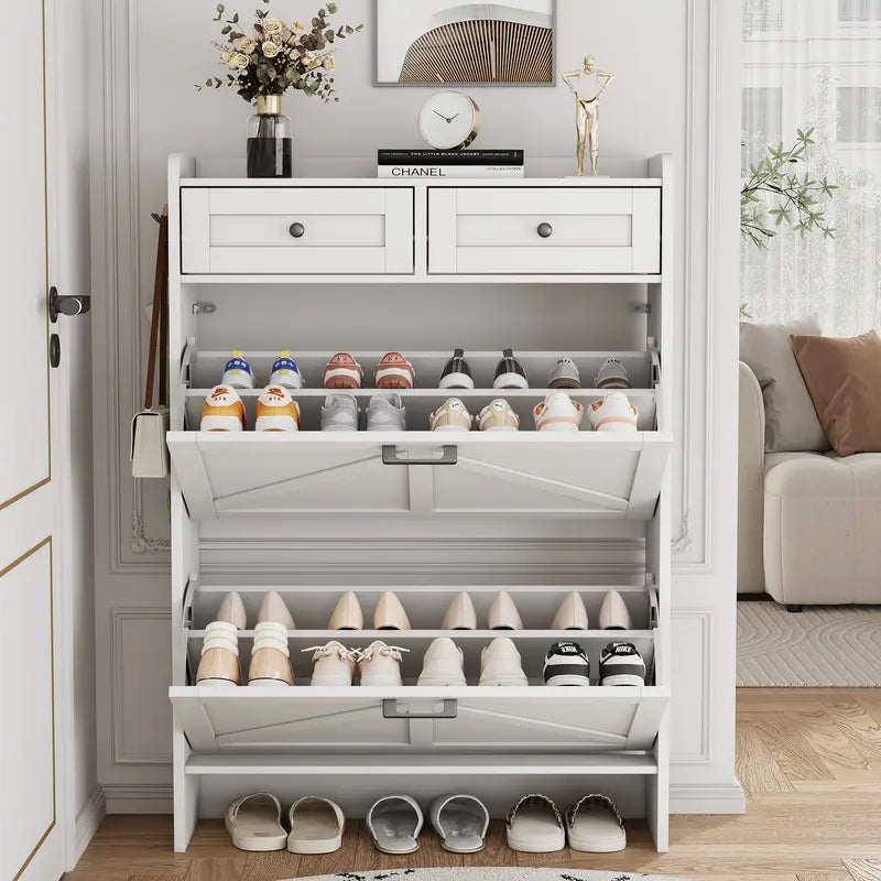 Farmhouse Narrow Shoe Storage Cabinet – Flip-Drawer Entryway Organizer with Adjustable Shelves