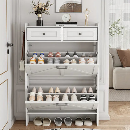 Farmhouse Narrow Shoe Storage Cabinet – Flip-Drawer Entryway Organizer with Adjustable Shelves