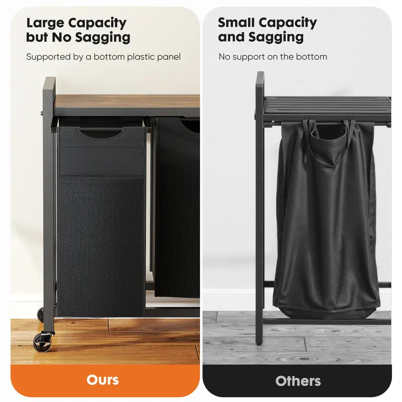 Double-Compartment Rolling Laundry Hamper – Removable Bags & Storage Shelf