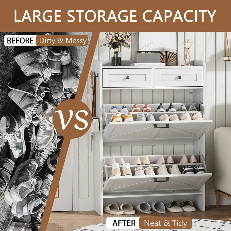 Farmhouse Narrow Shoe Storage Cabinet – Flip-Drawer Entryway Organizer with Adjustable Shelves