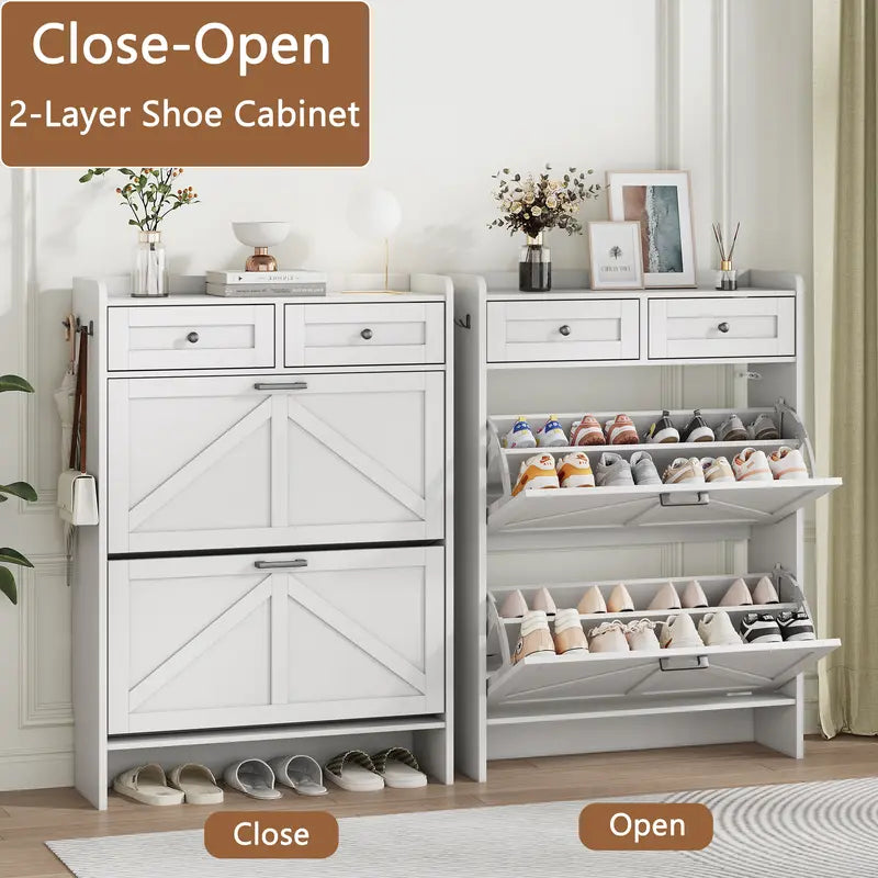 Farmhouse Narrow Shoe Storage Cabinet – Flip-Drawer Entryway Organizer with Adjustable Shelves