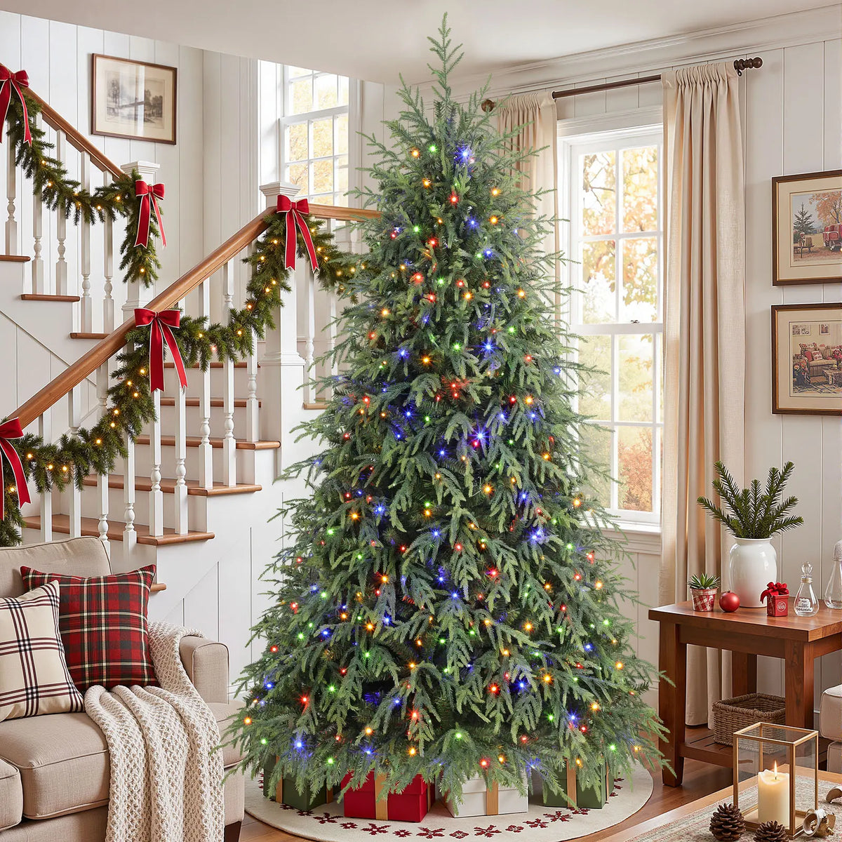 Pre-Lit Norfolk Pine Christmas Tree with LED Lights – Realistic Artificial Xmas Tree with Remote Control & Color Changing Lights