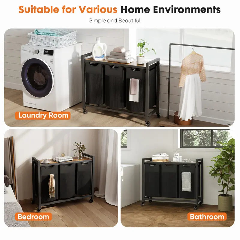 Double-Compartment Rolling Laundry Hamper – Removable Bags & Storage Shelf