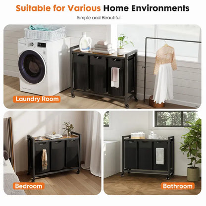 Double-Compartment Rolling Laundry Hamper – Removable Bags & Storage Shelf