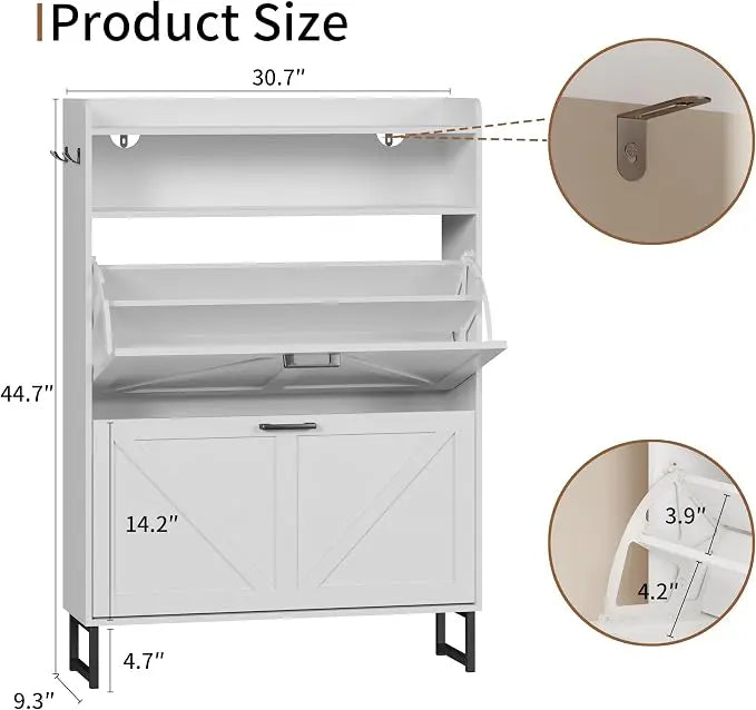 Farmhouse Narrow Shoe Storage Cabinet – Flip-Drawer Entryway Organizer with Adjustable Shelves