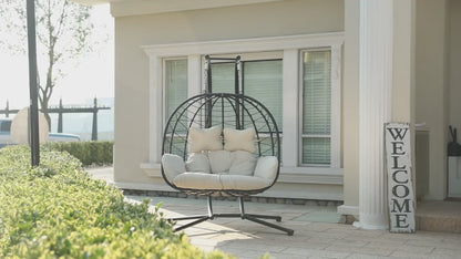 Luxury Double Hanging Egg Chair for Two | Outdoor Wicker Swing Chair with Thick Cushion | 700lbs Capacity Patio Lounge